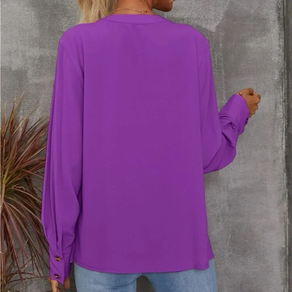 New purple notched neck long sleeve blouse - Picture 5 of 6